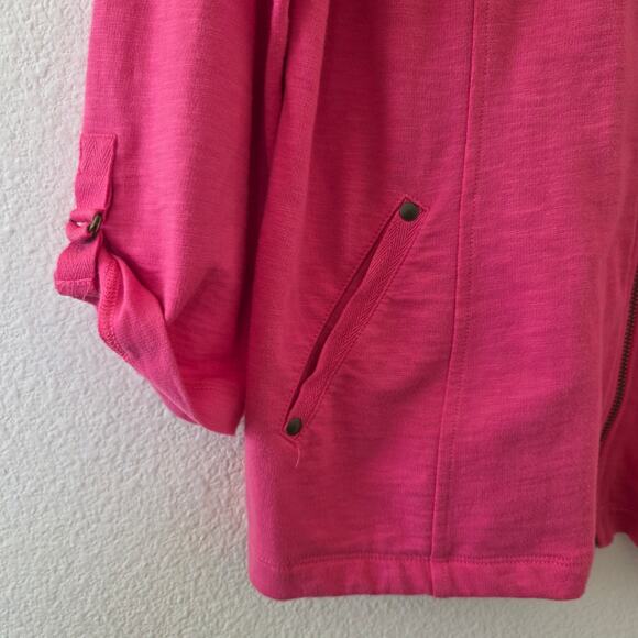 Chicos Weekends Zip Front Jacket Pink Womens Size L Cotton Slub Funnel Neck - Picture 3 of 11